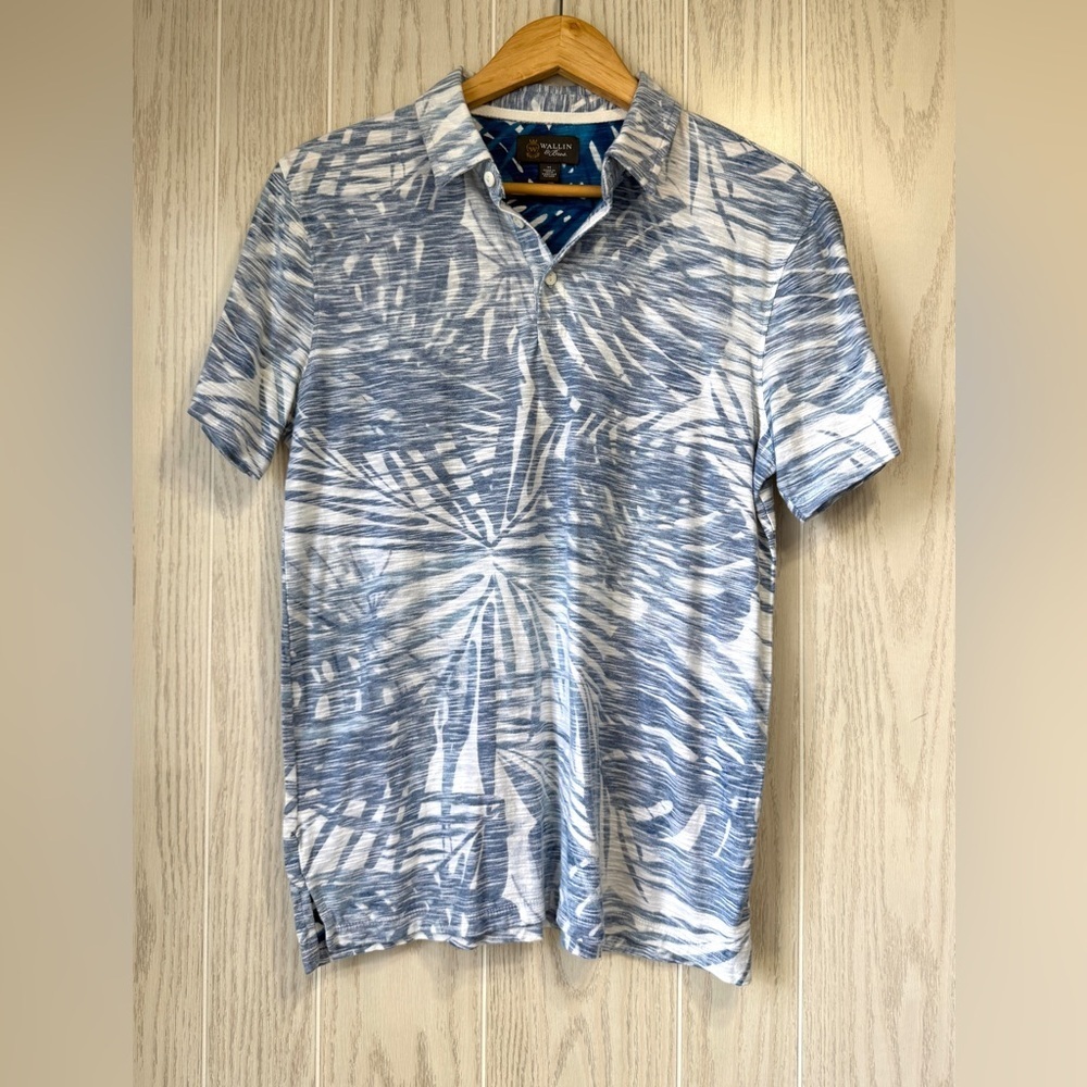 Wallin & Bros Blue White Palm Print Polo Shirt Size Medium EUC